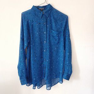 Express Stars Sheer Button-Down Blouse Blue